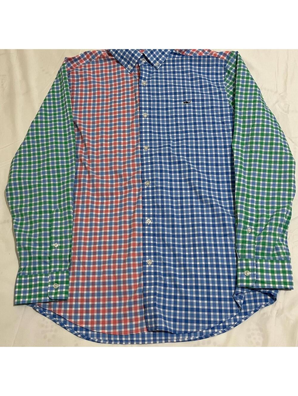 Vineyard Vines Whale Shirt Blue, Green, and Red Checkered Shirt Boys Size Large